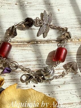 Red and smoky quartz Beaded Bracelet with silver dragonfly charm